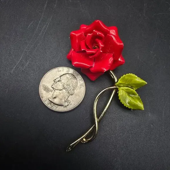 Red Rose Brooch Gold Tone Enamel Leaves Vintage Costume Jewelry - Picture 5 of 5